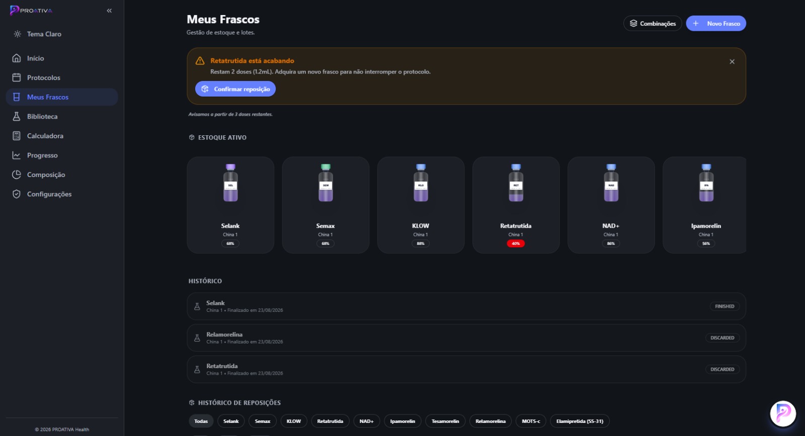 Tela de gestão de estoque de frascos no app Proativa